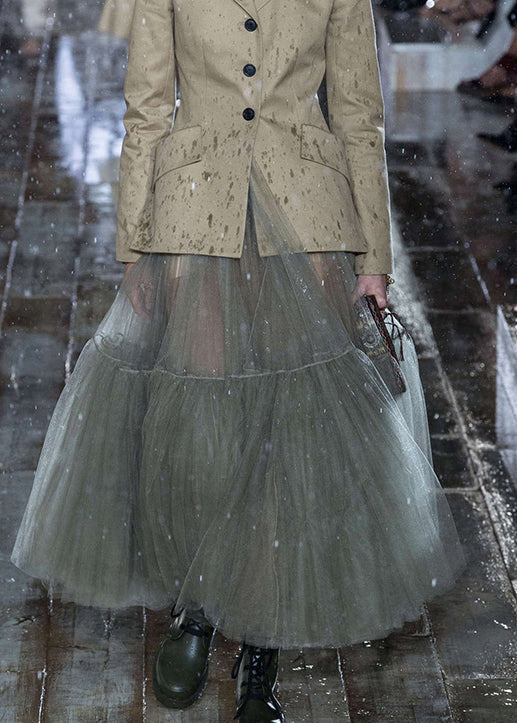 Green Cinched Wrinkled Tulle Skirts Spring