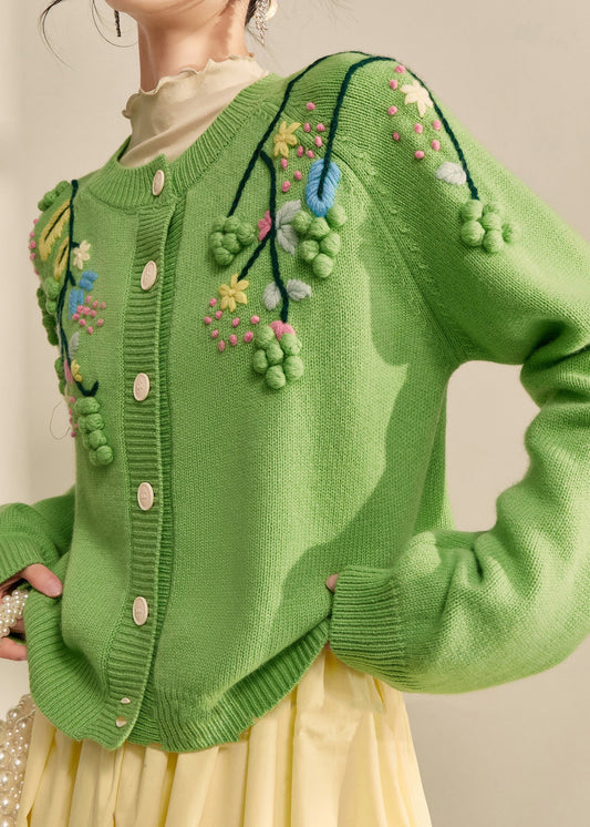 Green Embroidered Button Cotton Knit Cardigans Spring