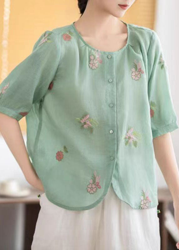 Green Embroidered Linen Top Half Sleeve