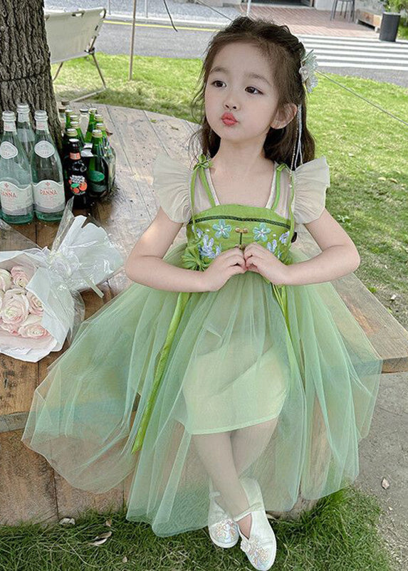 Green Embroideried Patchwork Bow Tulle Kids Long Dress Short Sleeve