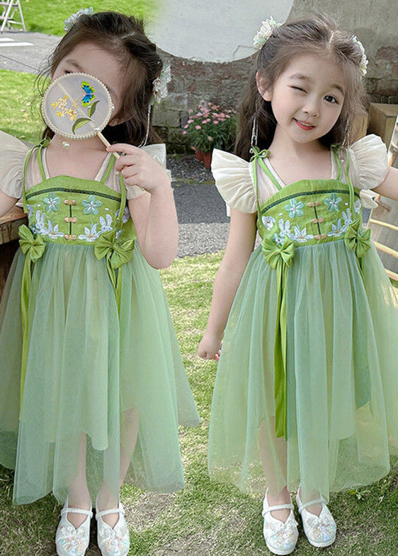 Green Embroideried Patchwork Bow Tulle Kids Long Dress Short Sleeve