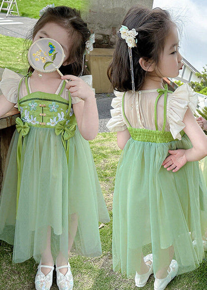 Green Embroideried Patchwork Bow Tulle Kids Long Dress Short Sleeve