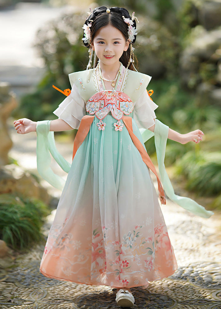 Green Embroideried Print Tassel Kids Long Dress Summer