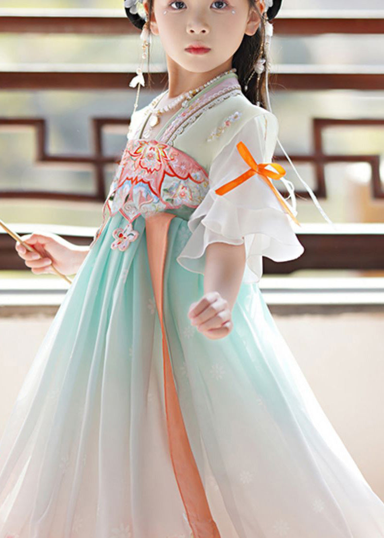 Green Embroideried Print Tassel Kids Long Dress Summer
