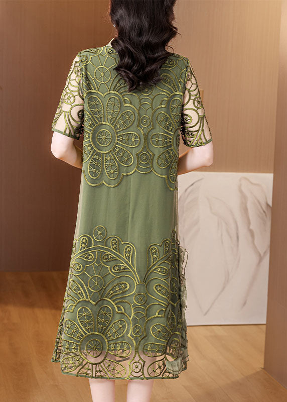 Green Embroidered Ruffled Tulle Long Dresses Short Sleeve