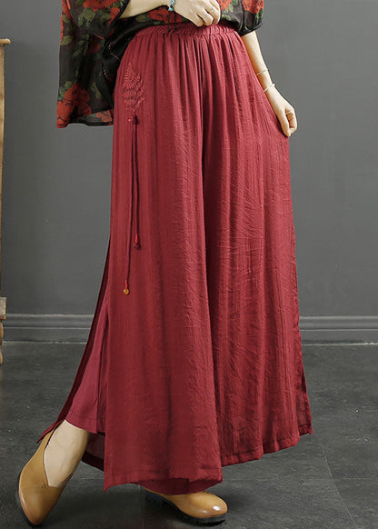 Green Embroidered Tassel Side Open Silk Wide Leg Pants Summer