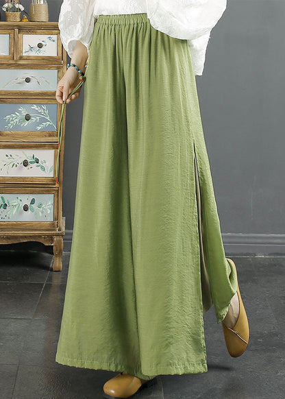 Green Embroidered Tassel Side Open Silk Wide Leg Pants Summer