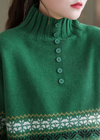Green High Neck Print Knit Pullover Spring