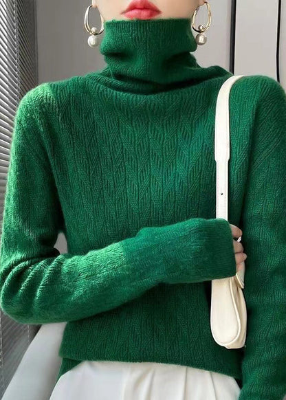 Green Hign Neck Patchwork Woolen Knit Sweaters Top Fall