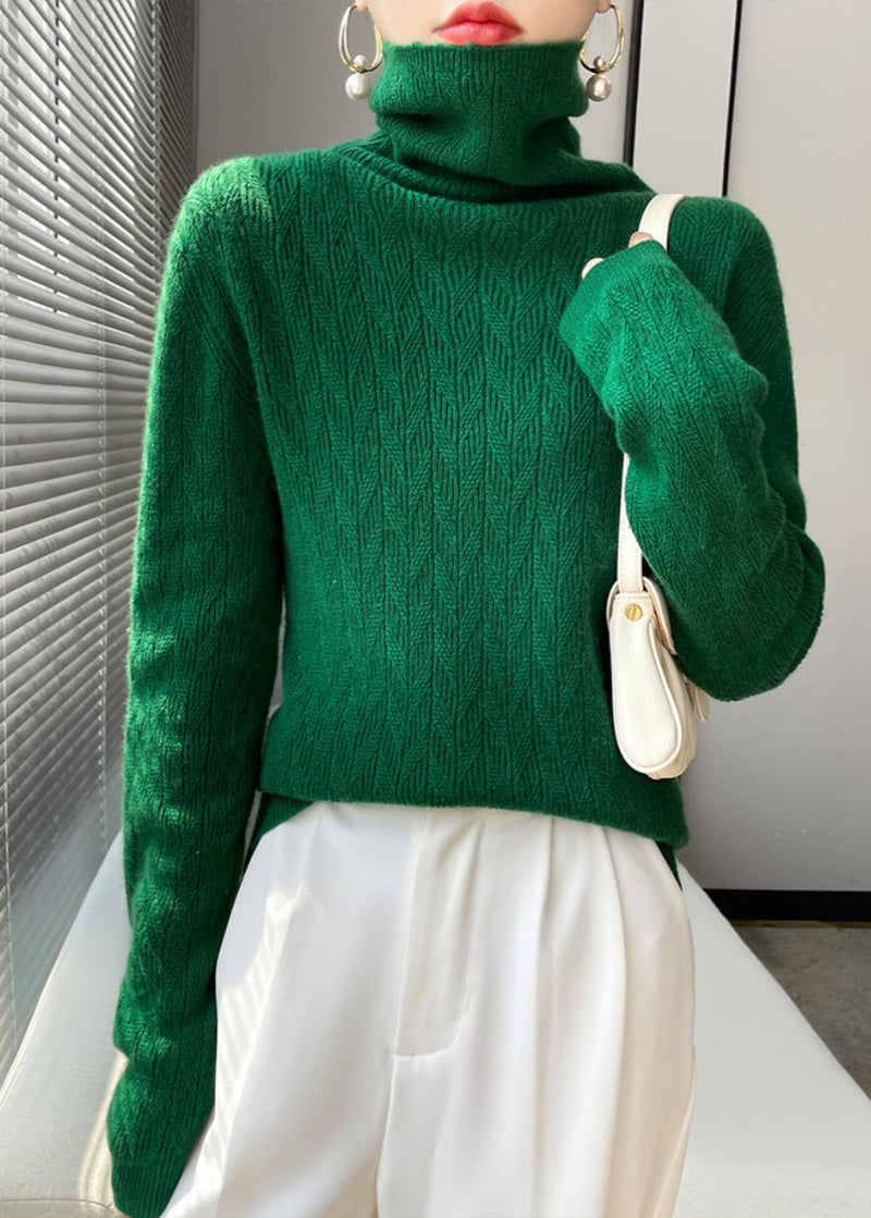 Green Hign Neck Patchwork Woolen Knit Sweaters Top Fall