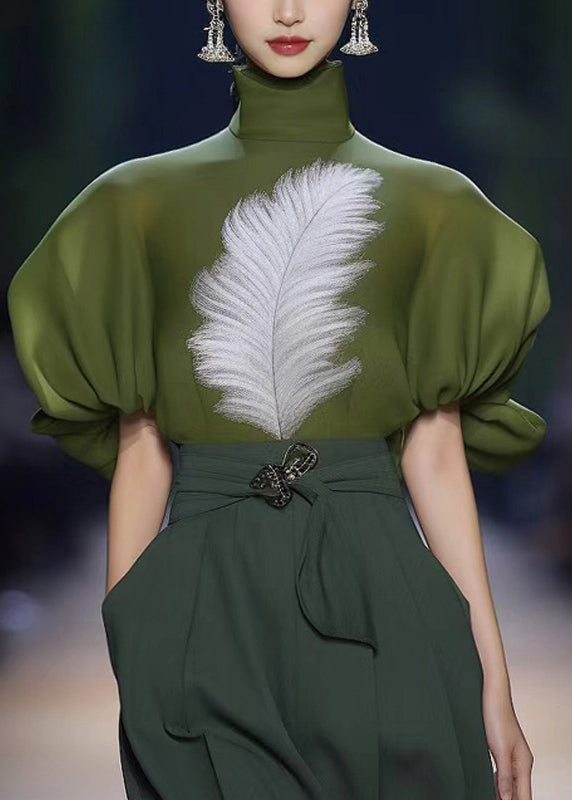 Green Hign Neck Print Patchwork Silk T Shirt Lantern Sleeve