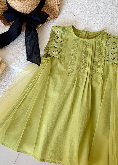 Green Hollow Out Embroideried Tulle Patchwork Cotton Baby Dress Summer