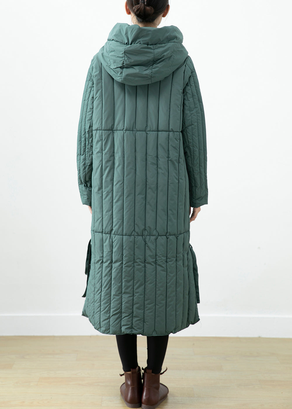Green Hooded Pockets Fine Cotton Filled Long Coat Winter