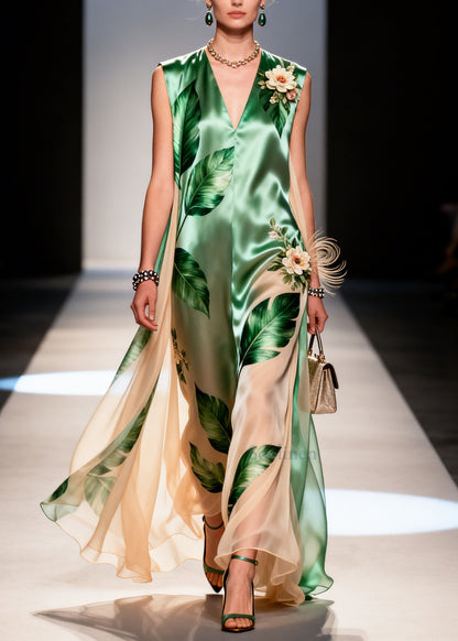 Green Leaf Print Handmade Flower Chiffon Dresses Sleeveless