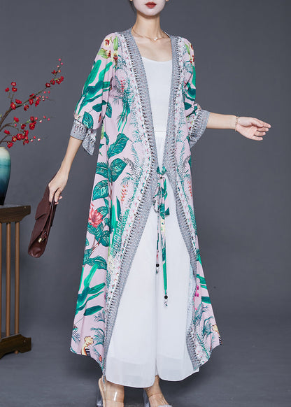 Green Leaf Print Lace Up Chiffon Long Cardigan Fall