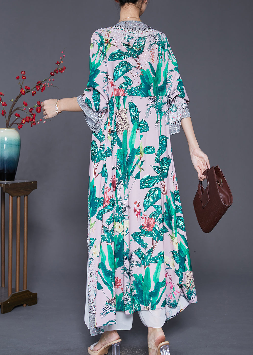Green Leaf Print Lace Up Chiffon Long Cardigan Fall