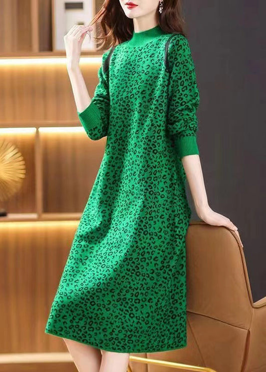 Green Leopard Jacquard Patchwork Thick Woolen Dress Winter