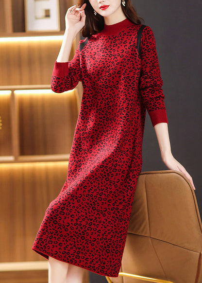 Green Leopard Jacquard Patchwork Thick Woolen Dress Winter