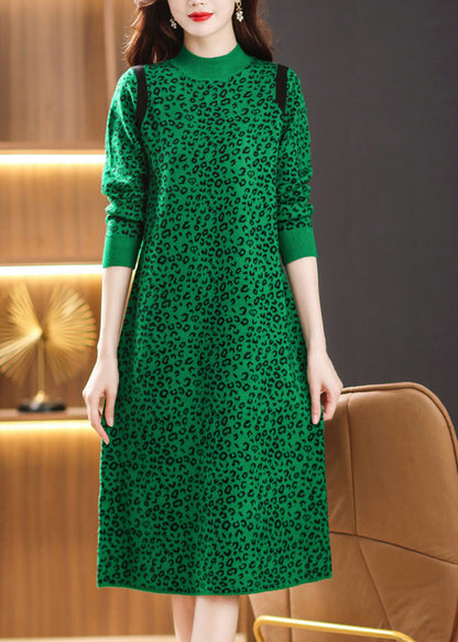 Green Leopard Jacquard Patchwork Thick Woolen Dress Winter