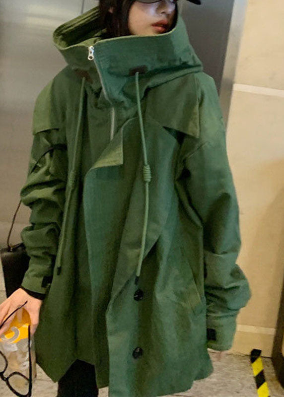 Green Loose Zippered Pockets Fall Coat