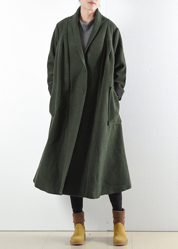Green Notched Button Pockets Woolen Trench Coats Long Sleeve