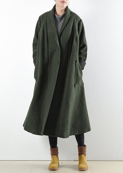 Green Notched Button Pockets Woolen Trench Coats Long Sleeve