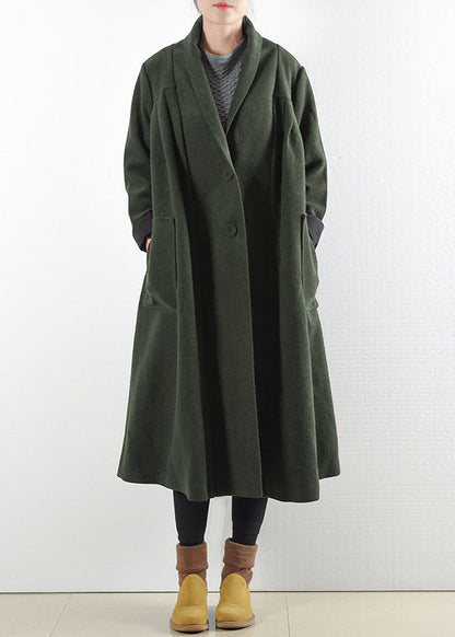 Green Notched Button Pockets Woolen Trench Coats Long Sleeve