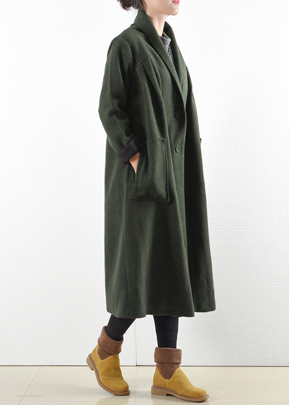 Green Notched Button Pockets Woolen Trench Coats Long Sleeve