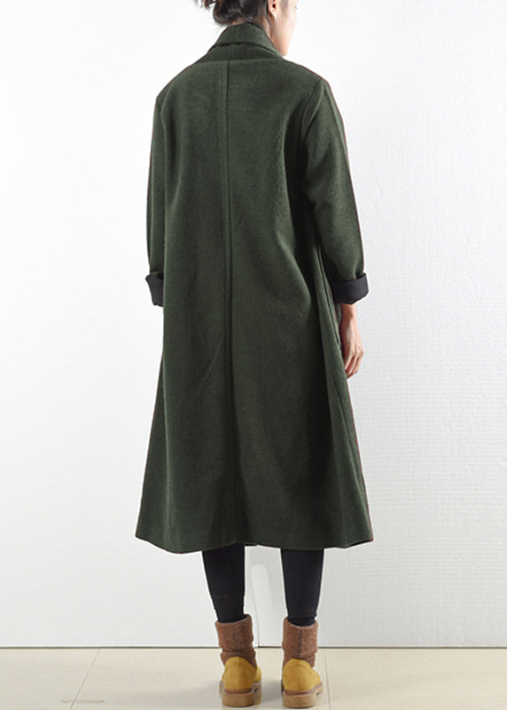 Green Notched Button Pockets Woolen Trench Coats Long Sleeve