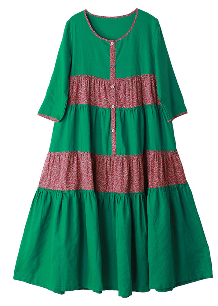 Green O-neck Button Patchwork Vacation Dresses Long Sleeve