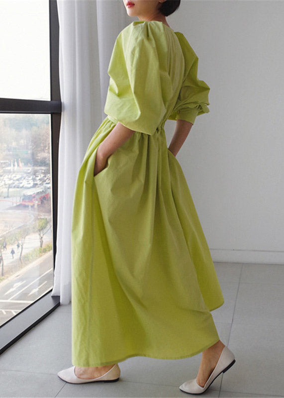 Green O-neck Button Pockets Wrinkled Cotton Long Dress Puff Sleeve