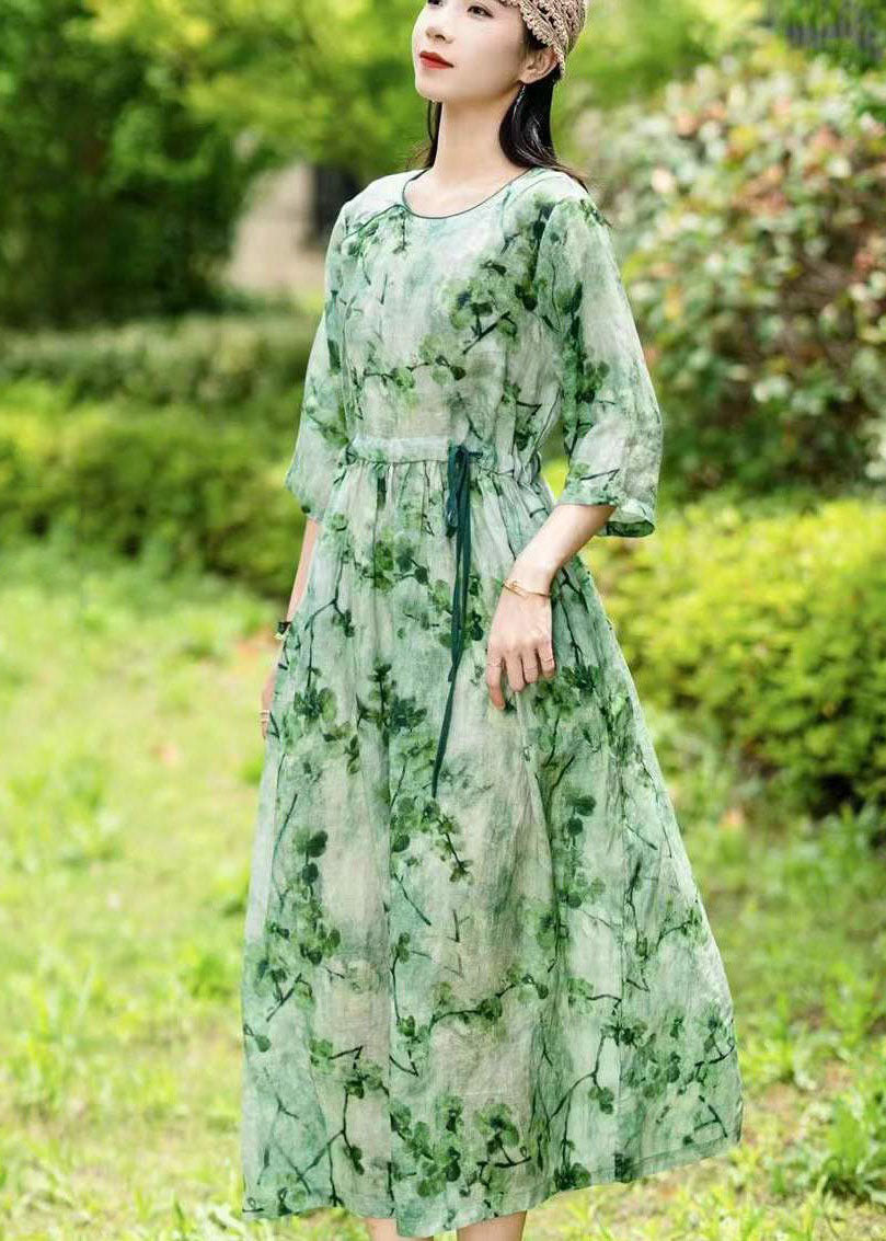 Green O Neck Drawstring Patchwork Long Linen Dress Summer