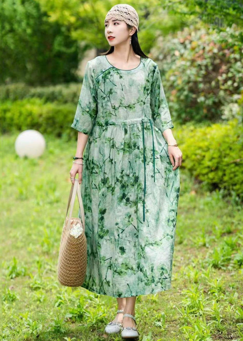 Green O Neck Drawstring Patchwork Long Linen Dress Summer