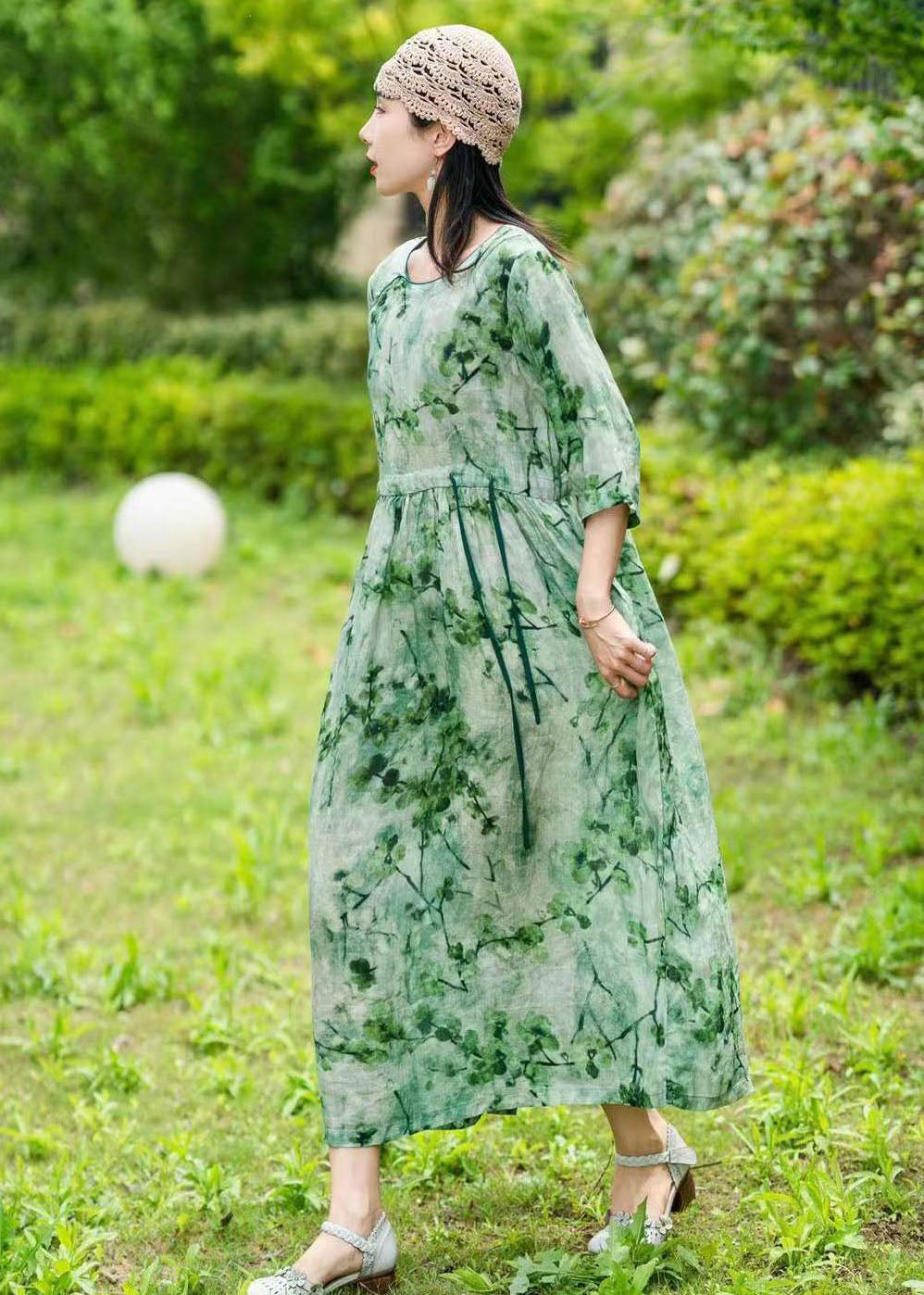 Green O Neck Drawstring Patchwork Long Linen Dress Summer