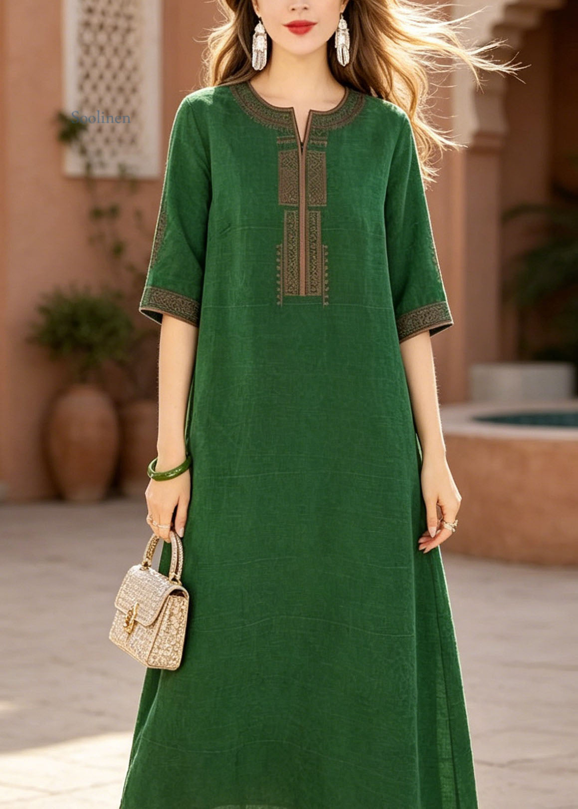 Green O-neck Embroidered Silk Dress Summer
