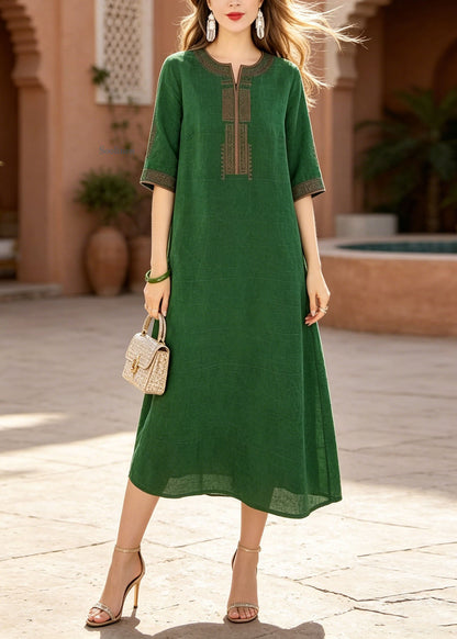 Green O-neck Embroidered Silk Dress Summer
