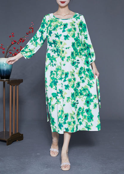 Green O-neck Oversized Print Silk Vacation Dresses Bracelet Sleeve