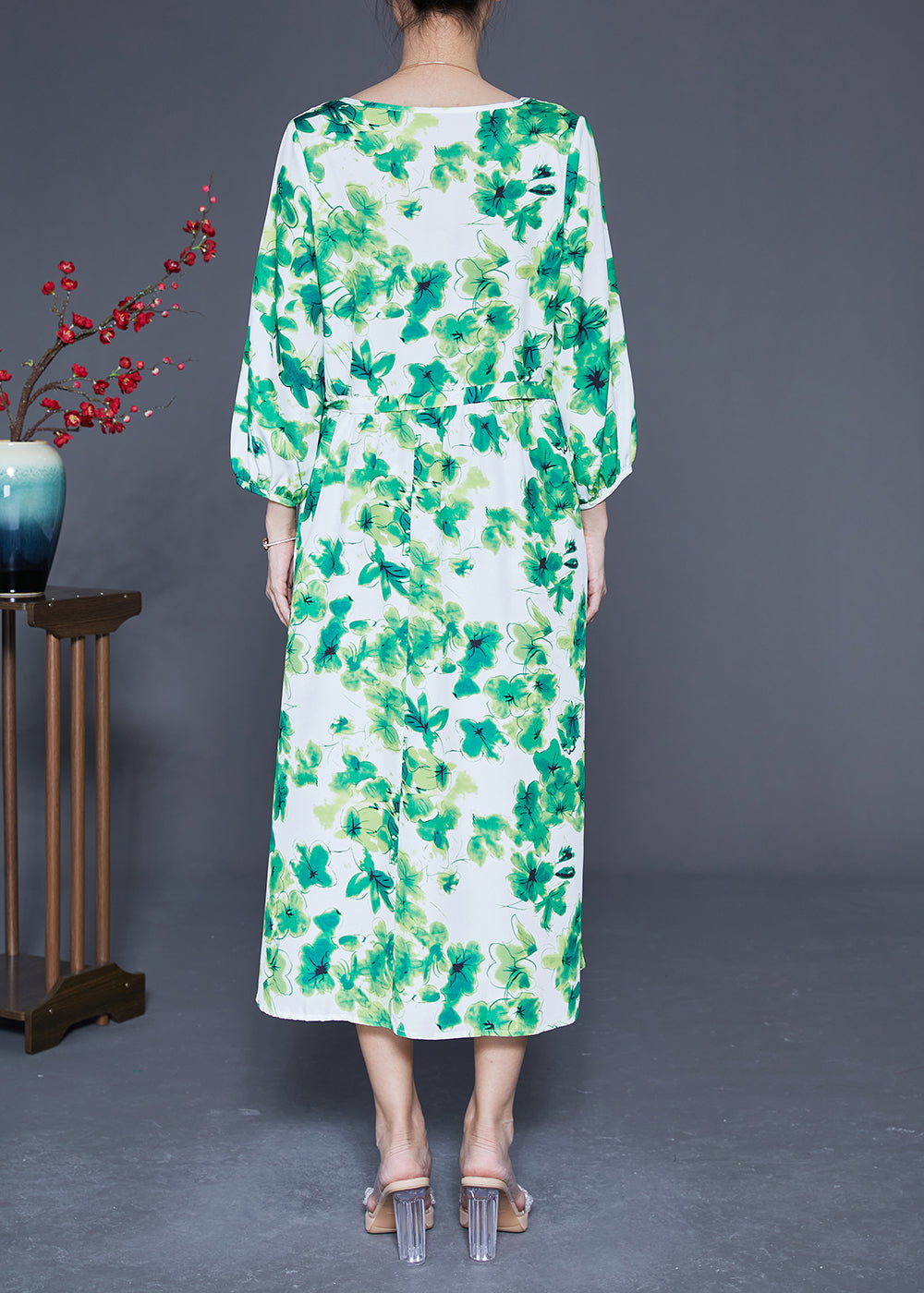 Green O-neck Oversized Print Silk Vacation Dresses Bracelet Sleeve