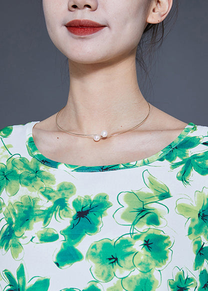 Green O-neck Oversized Print Silk Vacation Dresses Bracelet Sleeve