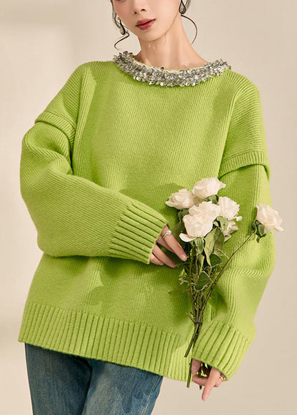 Green O-neck Patchwork Cotton Knit Sweater Long Sleeve