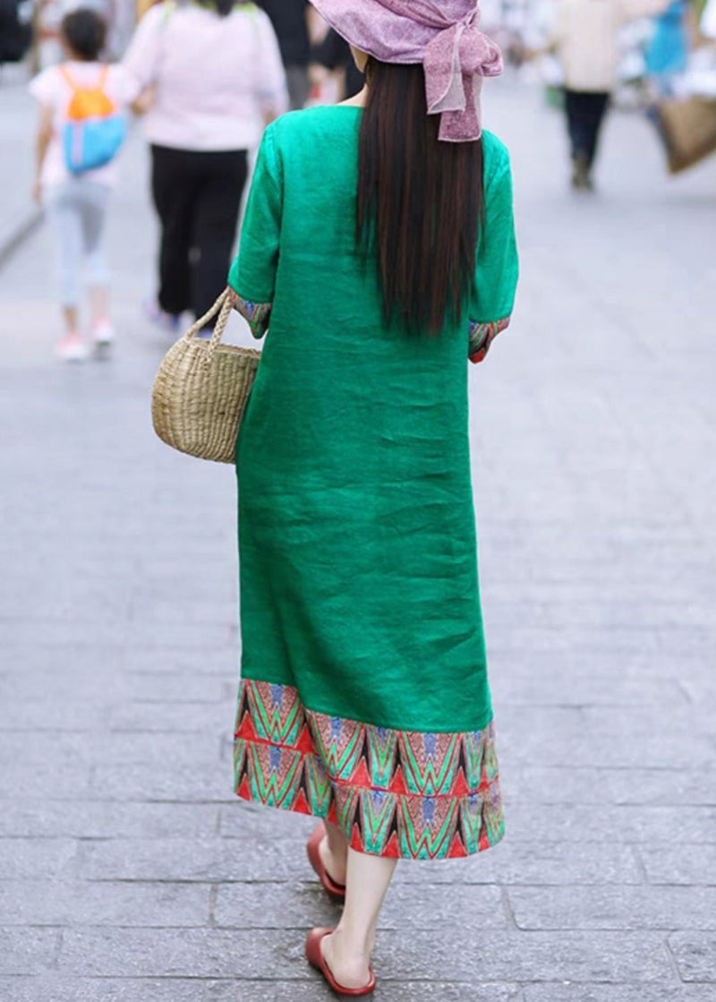 Green O Neck Patchwork Cotton Long Dresses Half Sleeve