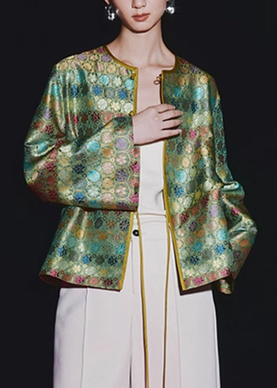 Green O-neck Print Button Sillk Coat Long Sleeve