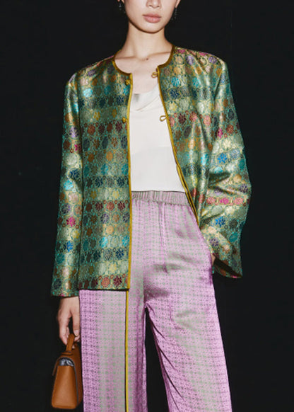 Green O-neck Print Button Sillk Coat Long Sleeve