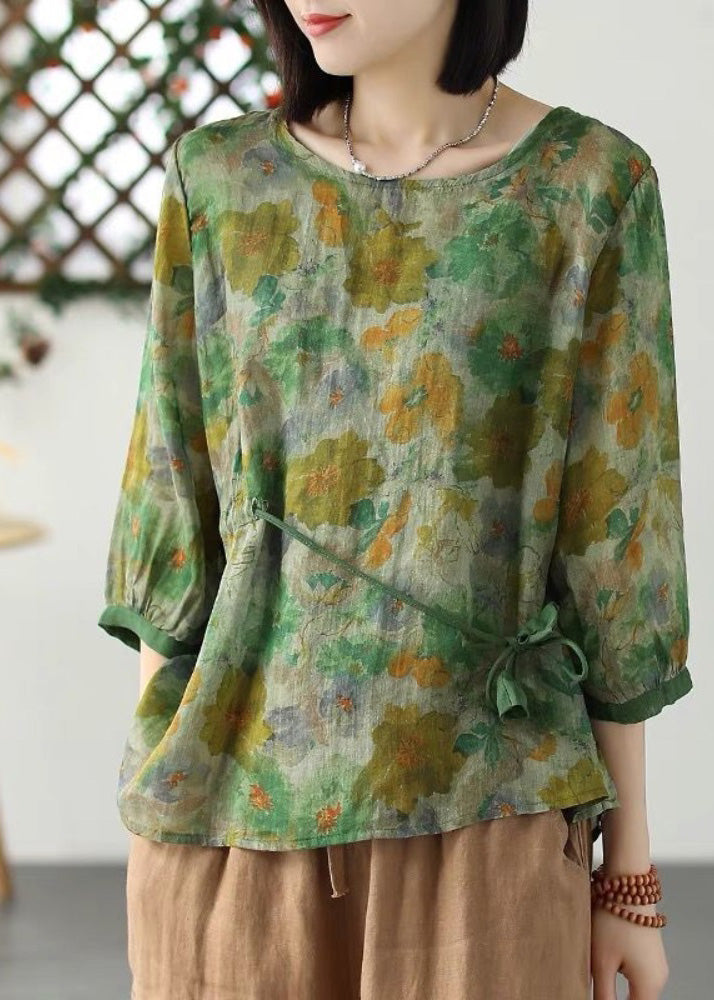Green O-neck Print Drawstring Tie Waist Ramie Top Long Sleeve