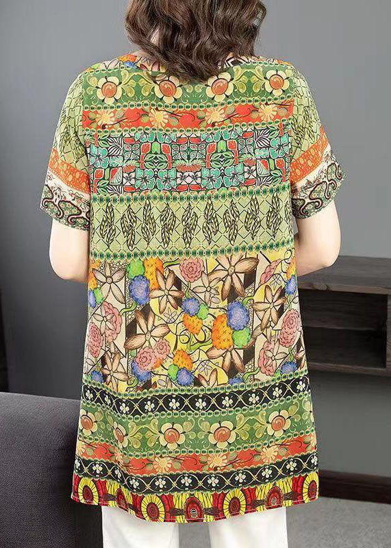 Green O Neck Print Patchwork Silk Shirt Tops Summer