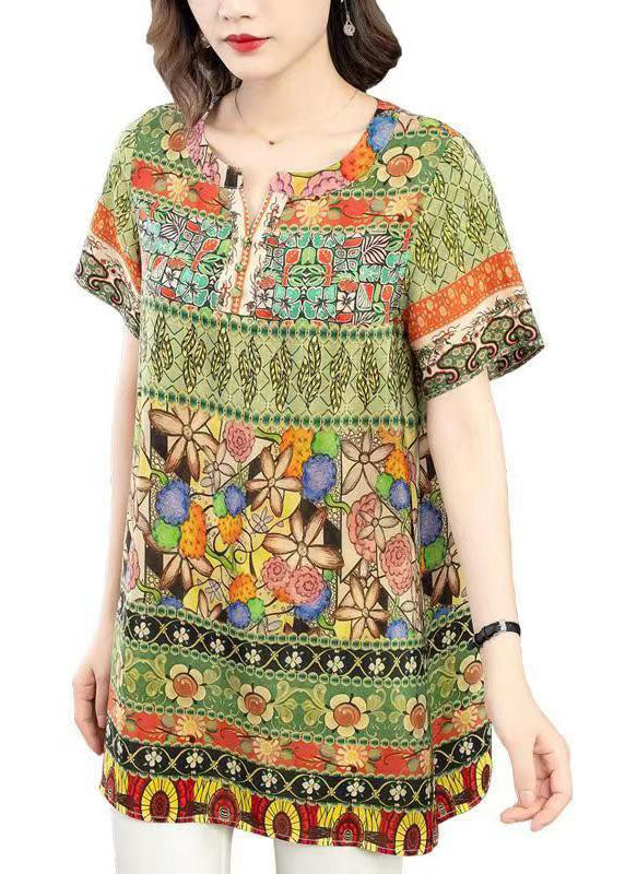 Green O Neck Print Patchwork Silk Shirt Tops Summer