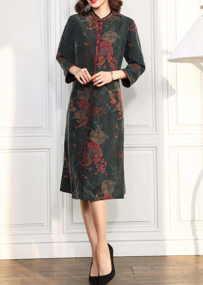 Green O Neck Side Open Print Silk Dress Bracelet Sleeve