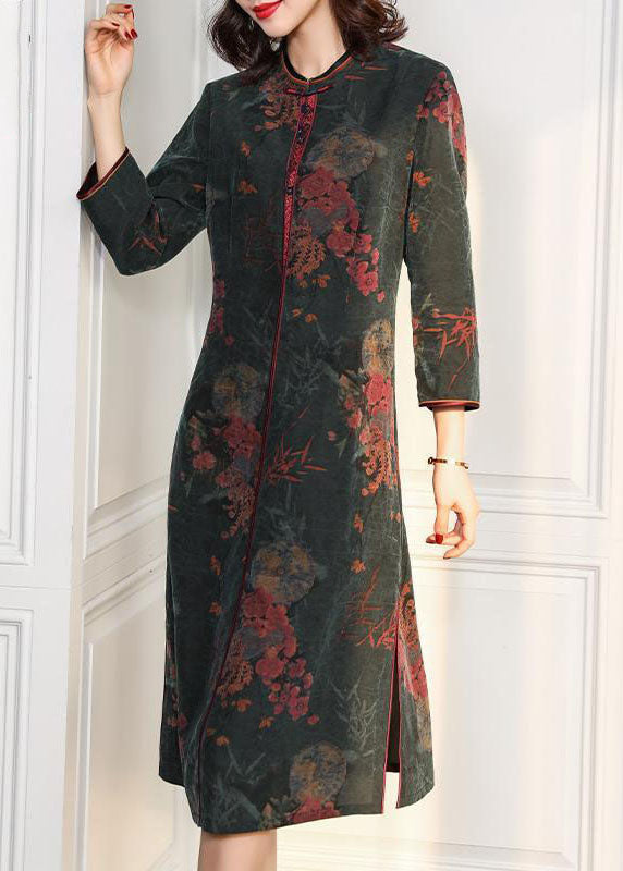 Green O Neck Side Open Print Silk Dress Bracelet Sleeve
