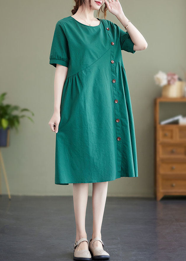 Green Patchwork Wrinkled Button Cotton Vacation Dresses Summer