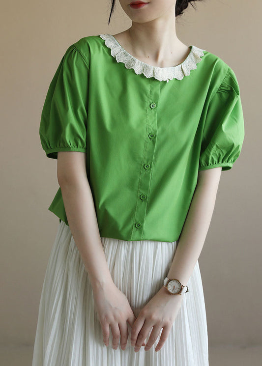 Green Peter Pan Collar Patchwork Cotton Shirt Top Puff Sleeve